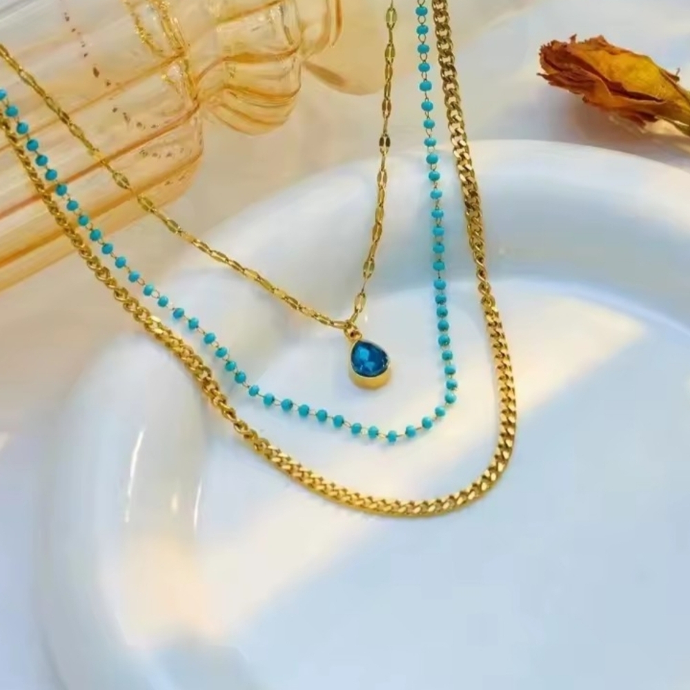 18 KT Gold Over Titanium Blue Touquoise Layered Necklace